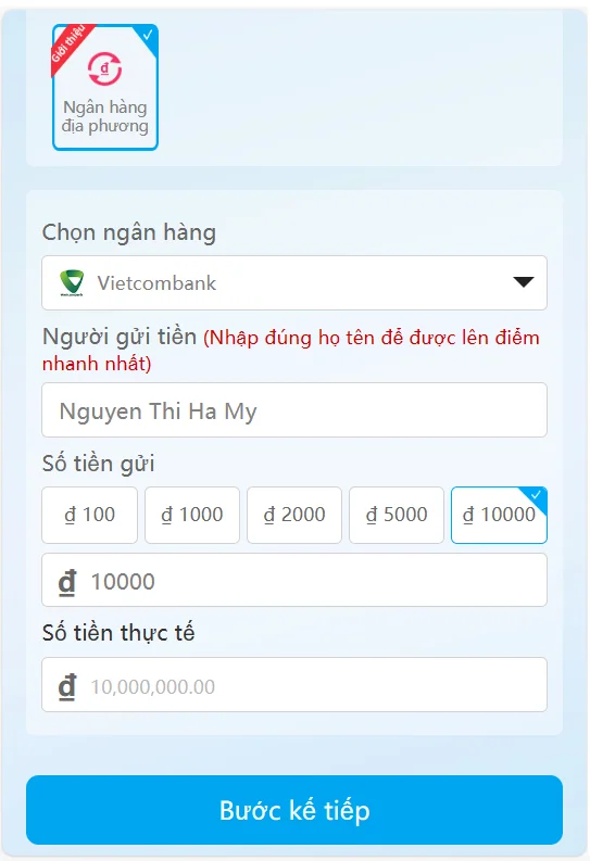 Nạp tiền 868VIP thông qua tài khoản ngân hàng